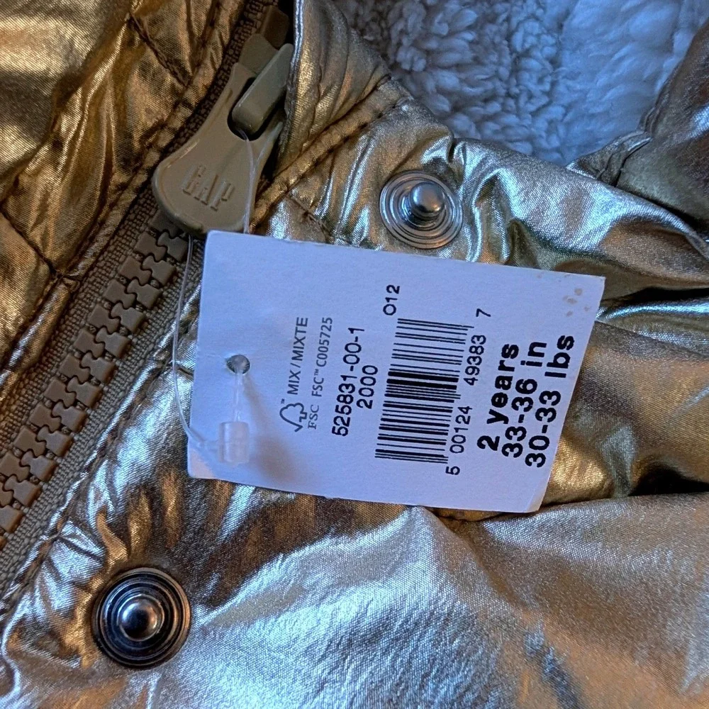 Baby Gap Gold‎ Metallic Sherpa Lined Puffer Jacket Hooded Coat 2T New Shiny Fun
